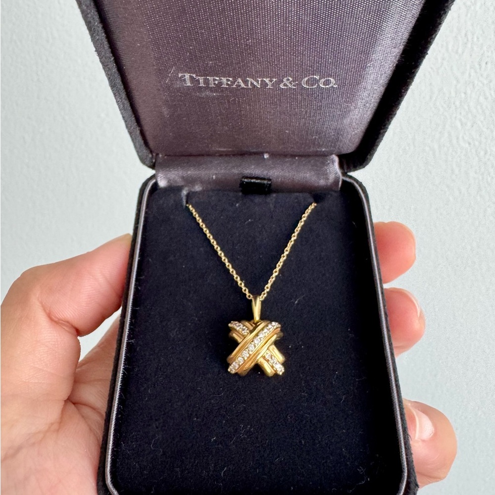Tiffany Co 18K Yellow Gold Diamond Signature X Necklace